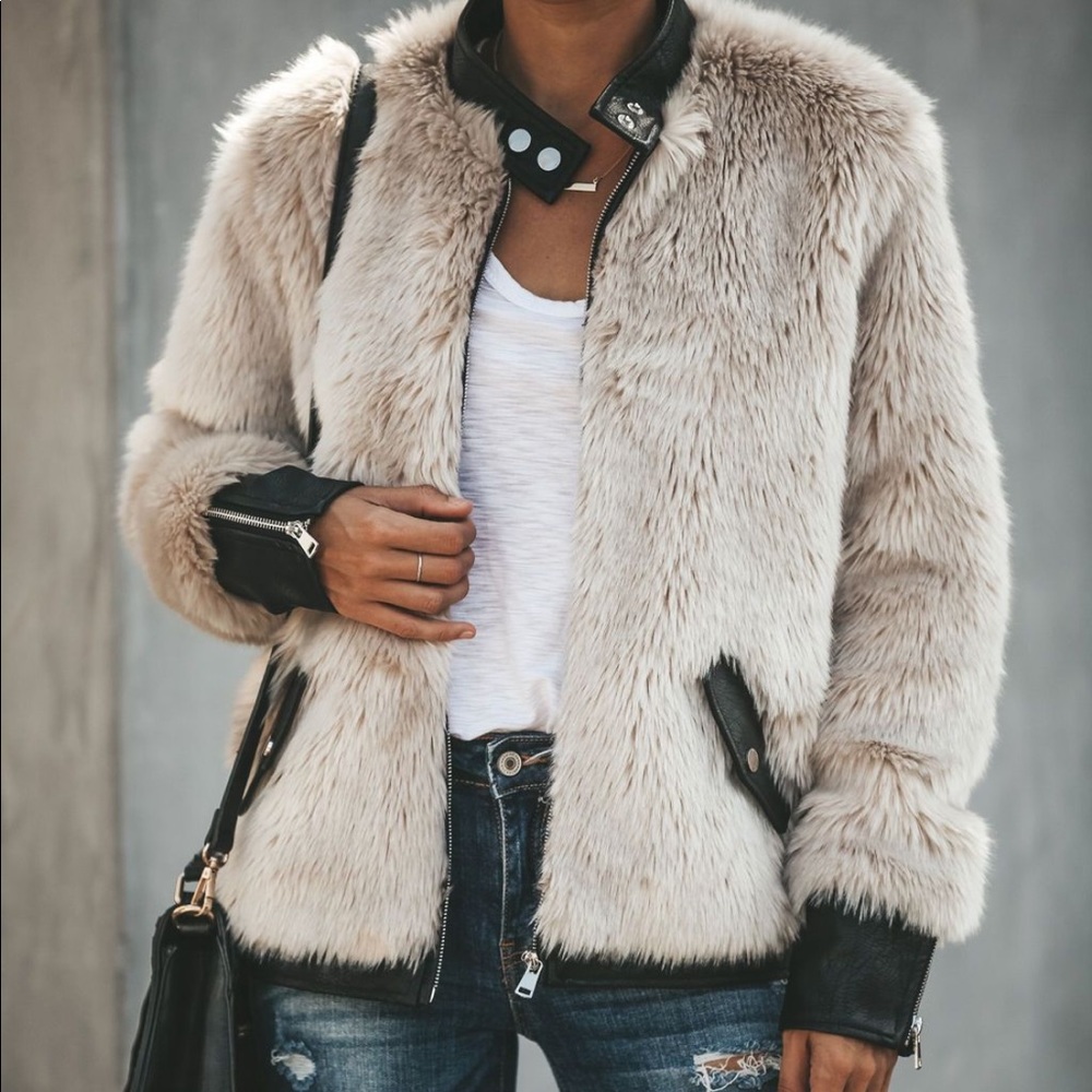 Faux Fur Leather trimmed pocketed Jacket
